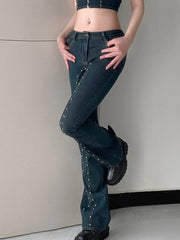 Hnewly Hotsweet Cowboy Girl Chic Rivets Flare Jeans for Women Vintage Slim Low Waisted Jean Pants Aesthetic Y2K Denim Trousers