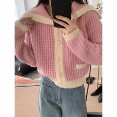 Hnewly Sailor Collar Sweater Cardigan for Women Soft Waffle Knit Button Front Sweater Jacket Teen-girl Fall Winter Classic Chic Outfit