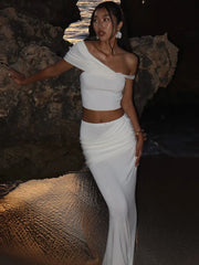 Hnewly Elegant Fashion 2 Piece Set Women Irregular Skew Collar Backless Crop Top+Ruched Skirts Summer Trend Beach Style Suit