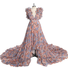 Hnewly V Neck Print Floral Chiffon Pregnancy Shooting Dress for Photo Shoot Long Train Maternity Dresses for Photoshoot