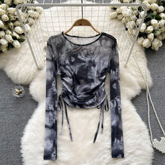 Hnewly Sexy Harajuku Tie Dye Drawstring Mesh Sheer Tops Long Sleeve Thin T Shirt Printed Slim Tops Summer Casual T Shirt Blouses Women