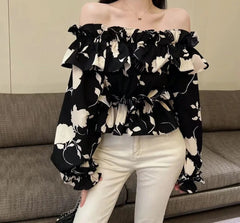 Hnewly Blouses Women New Arrival Spring French Style Slash Neck Ruffles Floral All-match Ladies Sexy Sweet Ins College Skinny Clothing