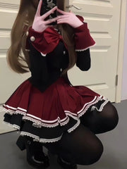 Hnewly Autumn Japanese Preppy Style 2 Piece Set Women Bow Slim Long Sleeve Tops+High Waisted Mini Skirt Female Y2k Fashion Chic Jk Suit