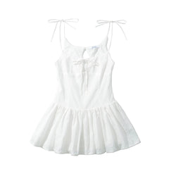 Hnewly Sexy White Embroidery Flower Cotton Corset Style Bow Sling Dress Women Low Waist Ruched A-line Swing Mini Party Dresses Robe