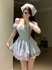 Hnewly Japanese Kawaii Sweet Short Party Dress Women Sleeve Y2k Vintage Plaid Mini Dress Female Elegant Chic Lolita Clothing Outfits