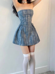 Hnewly Y2k Aesthetic Denim A-Line Strapless Dress Streetwear Vintage Bandage Mini Vestidos Harajuku Women Sexy Backless Grunge Dresses