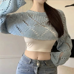 Hnewly Y2K Two-Sided Knitted Tops Women Hollow Long Sleeve Sweet Lace-Up Sweater Harajuku Casual Backless Solid Lady Blouse