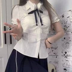 Hnewly Shirts Women Solid Preppy Simple Slim Summer Short Sleeve Chic Folds Leisure Female Korean Style All-match New Design Clothing