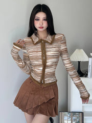 Hnewly Striped Knit Sweater Cardigan Y2K High Street Women Autumn Turn-down Collar Zipper Sweaters Coat Female Casual Korean