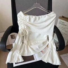 Hnewly Drawstring Slash Flared Long Sleeved Off Shoulder Asymmetrial Elegant White Thin Women Blouses Slim Tops Summer Spring Sweater