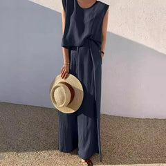 Hnewly Spring Summer Solid Color Cotton Linen Two Piece Set Women Fashion Sleeveless Tops Loose Wide Legs Pants Ladies Sets New