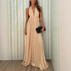 Hnewly New Summer Deep V-neck Long Evening Dress with Folded Hanging Neck and backless Dress