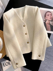 Hnewly Slim Elegant Tweed Jacket Women Vintage Long Sleeve Sweet Short Coat French Casual Vintage Lady V Neck Single Breasted Tops