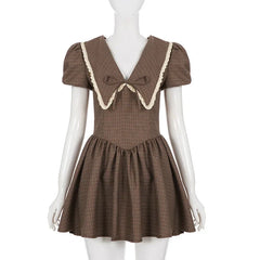 Hnewly Women Plaid Waist-cinching Chic Mini Dress Sexy V-neck Puff Short Sleeve High Waist A-line Dresses New Highstreet Outwear