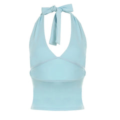 Hnewly Solid Lace-up Halter Crop Top Summer y2k Casual Sleeveless V-neck Skinny Tank Tops for Women Streetwear Basic Tee Ladies