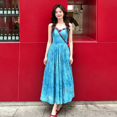 Hnewly Blue Floral Print Halter Dress Women's Summer New Unique Beautiful Waist-Cinched Long Dress Vacation Style Elegant