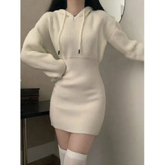 Hnewly Hooded Knitted Dress for Women Sweater Bottoming Short Skirt