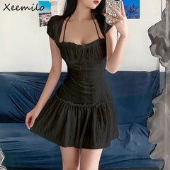 Hnewly Casual Square-neck Mini Dress Y2K Sexy Women's Sleeveless Ruffles Bow Trim Bodycon Sundresses Summer for 2025 Vestidos