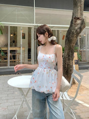 Hnewly Woman Camis Floral Printed Slash Neck Summer Fashion Slim Sweet Elegant Female Casual Tank Tops French Style Chic