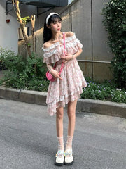 Hnewly Summer Sweet Floral Lace Irregular Dress Women Beach Style Elegant Y2k Dress Casual One Piece Dress Korean Fashion Outwear