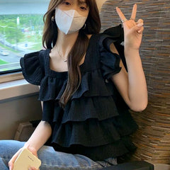 Hnewly Black Ruffles Blouses Women Kawaii Vintage Flying Sleeve Korean Style Personality Girlish Harajuku Streetwear Daily Summer Tops