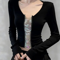 Hnewly New Slimming Form-fitting Base Layer Top for Women French Style Mature Woman Long-sleeved T-shirt with Hollowed-out Patchwork