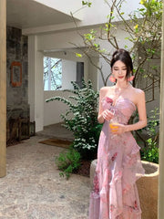 Hnewly Woman Dress Sexy Elegant Sleeveless Floral Printed Spring Fashion Irregular Ruffles Holiday Hollow Out Backless Dresses