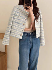 Hnewly Autumn Winter Women Elegant Tweed Cardigan Short Coat With Pocket Single Breasted Jacket For Women Loose Outwear