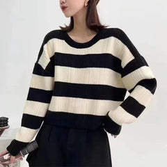 Hnewly Striped Knit Sweater for Women Long Sleeve Crew Neck Crop Knit Top Pullovers Striped Jumper Teen-girl Fall Winter Vintage Outfit