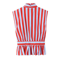 Lunivop Bow Tie Neck Sleeveless Striped Blouse Women Ruffle Hem Shirt Summer Tops