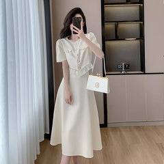 Hnewly French Vintage Solid Womens Midi Dress Short Sleeve O-neck Elegant Slim Summer Fashion Office Ladies Two Piece Set Clothing