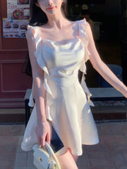 Hnewly wedding guest outfit Elegant Sleeveless Satin Mini Dress Women Summer Korean Short Design Spaghetti Strap Vintage Fairy Sweet Female Clothing