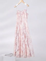 Lunivop Casual Fairy Floral Strap Dress Women Chiffon Elegant Evening Party Midi Dress Ruffle Sweet Korean Dress Women Sweet Summer