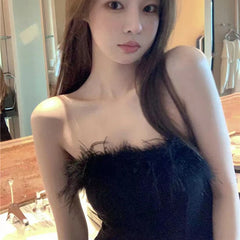 Hnewly Mini Strapless Dresses Sexy Celebrity One Neck Fur Chest Little Black Dresses New Temperament Slim Package Hip Dresses