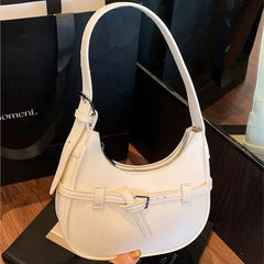 Hnewly Korean White Belt Design Underarm Bag Women Leather Large Capacity Half Moon Shoulder Bag Ladies Fashion High End Crossbody Bags