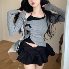 Hnewly Coquette Top y2k Clothes Women Contrast Color Bow Lettuce Trim Smocked Square Neck Long Sleeve T Shirt 2000s Clothing