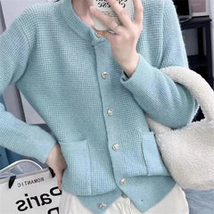 Hnewly Temperament O-Neck Short Waffle Sweater Autumn/Winter French Elegant Long Sleeve Knitted Cardigan Women's Solid Versatile Coat