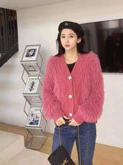 Hnewly Shaggy Sweater Cardigan for Women Soft Fluffy Knitted V-neck Button Down Jacket Cardi Knitwear Autumn Winter Fashion Chic Outfit
