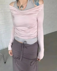 Hnewly Folds T-shirt Shirts for Women Sexy Tunic Tshirts Slash Neck Long Sleeve Y2k Tops Off Shoulder Fashion T Shirts Ropa Mujer