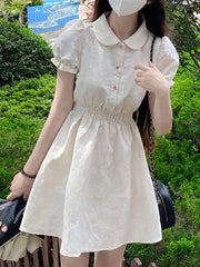Hnewly New Fashion Doll Collar Short Sleeve Fashion Chic Chinese Style White Dress in Summer
