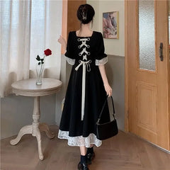 Hnewly Lolita Unique Large Size Black Dress Women's New Style Hepburn Style Korean Daisy Lace Long Skirt Midi Dress