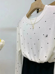 Hnewly O-neck Polka Dot Long Sleeved T-shirt Spring/Summer New Women's Loose Versatile Bottoming Shirt Korean Commuter Cotton Top