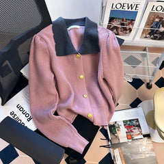 Hnewly Women's Spring Autumn Sweater New Elegant Grey Lapel Long Sleeve Single Breasted Slim Fashion All-Match Short Coat