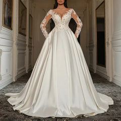 NO Lunivop Luxury Wedding Dress Sweetheart Neck Lace Applique Long Sleeves Satin A Line Sweep Train Bridal Gown