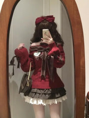 Hnewly Lazy Bow Off Shoulder Long Sleeve Loose Knitted Sweater Tops+ High Waist Ruched Skirts Autumn New Two Piece Sets
