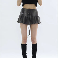 Hnewly Japanese Style Striped Skirt Women Vintage Harajuku Lace Up Ruffle Mini Skirt Streetwear Grunge Summer Short Skirts