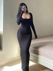Hnewly Women's Solid Long Sleeve Bodycon Dress, Chic Basic Minimalist Causual Fashion Scoop Neck Long Dress, Womenswear