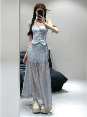 Hnewly Blue 2 Piece Dress Sets 2024 Summer French Retro Elegant Bodycon Y2k Crop Tops + Sweet Skirts Fairy Style Beach Party Aesthetic