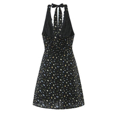 Lunivop Sexy Black Floral Print Spliced Lace Bow Halter V Collar Backless Mini Dress Women Elastic Zipper Back A-line Short Robe Holiday