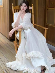 Hnewly Women's Ruffles Fairy French Dress V-Neck Full Skirt Short Sleeves Long Dressses Beach Holiday Vestidos 2025 Summer Fashion New